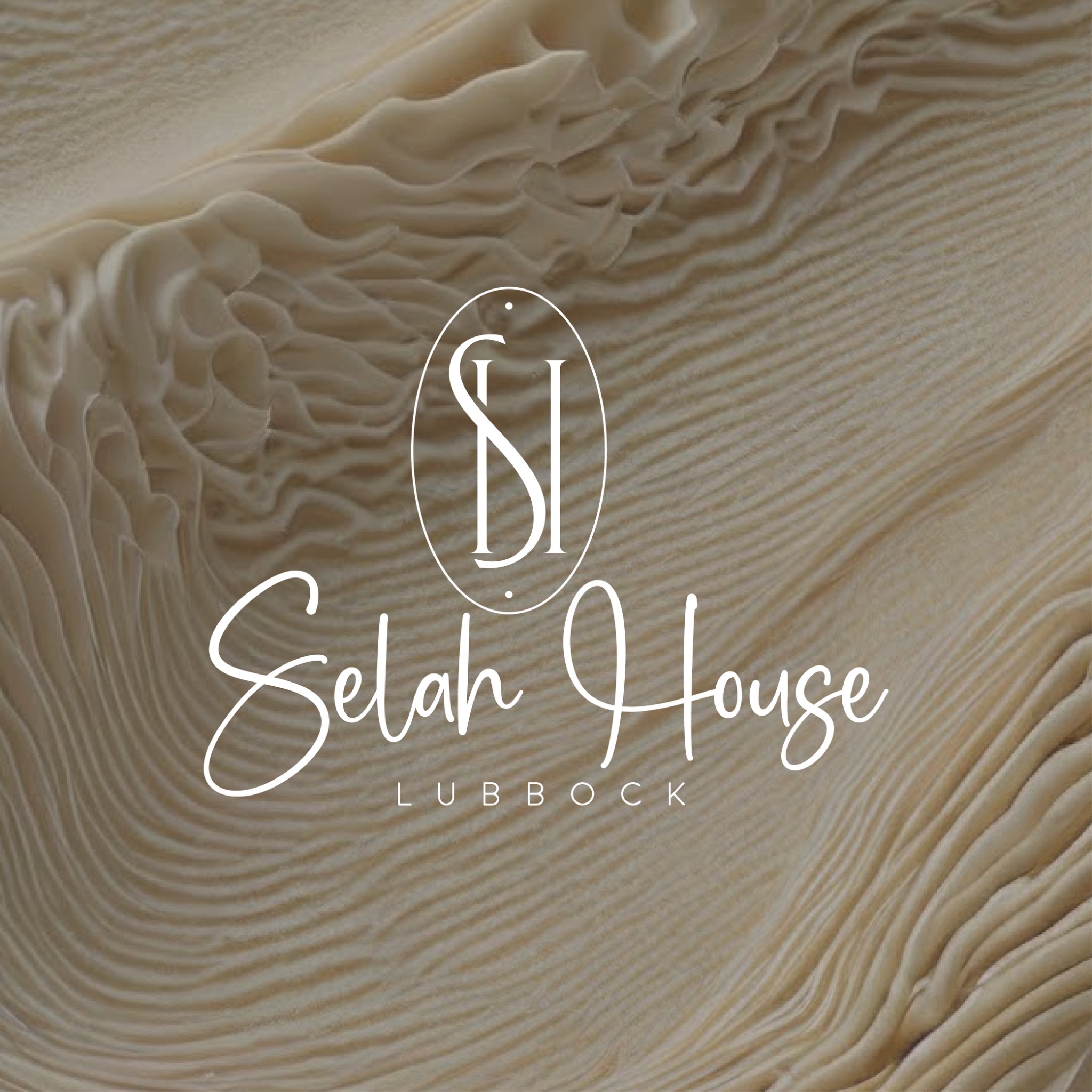 Selah House Lubbock logo, with a white intertwined S and H monogram and script lettering on a soft taupe background.